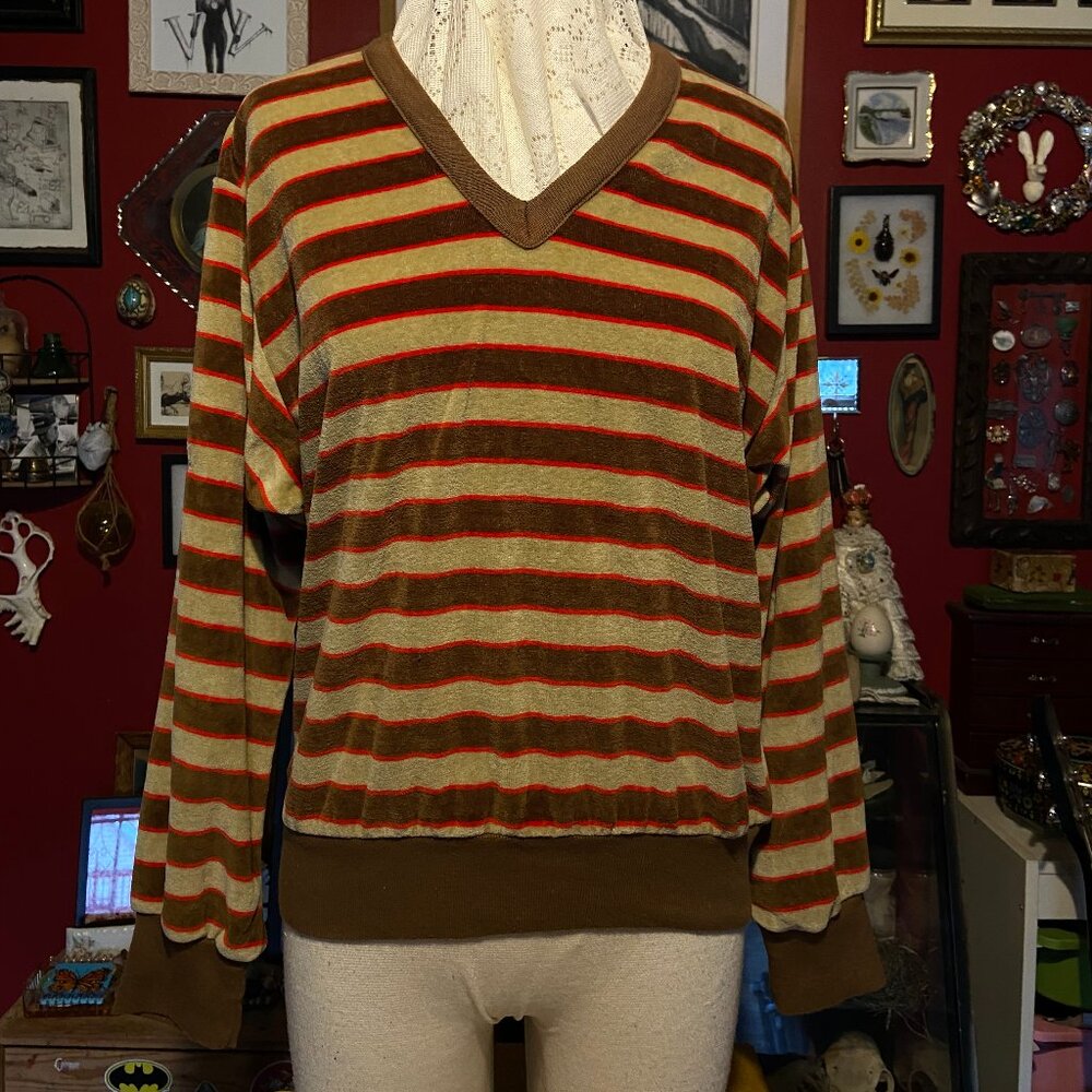 Vintage Velour V-Neck Shirt 1960 to 1970 Brown Tan and Red Stripes Cotton